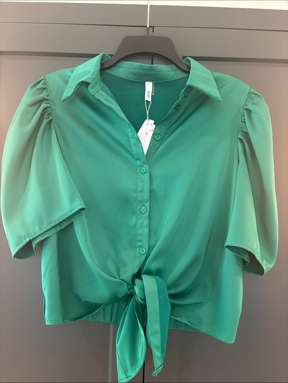 glam Green Tie-Front Puff Sleeve Button-Down Top